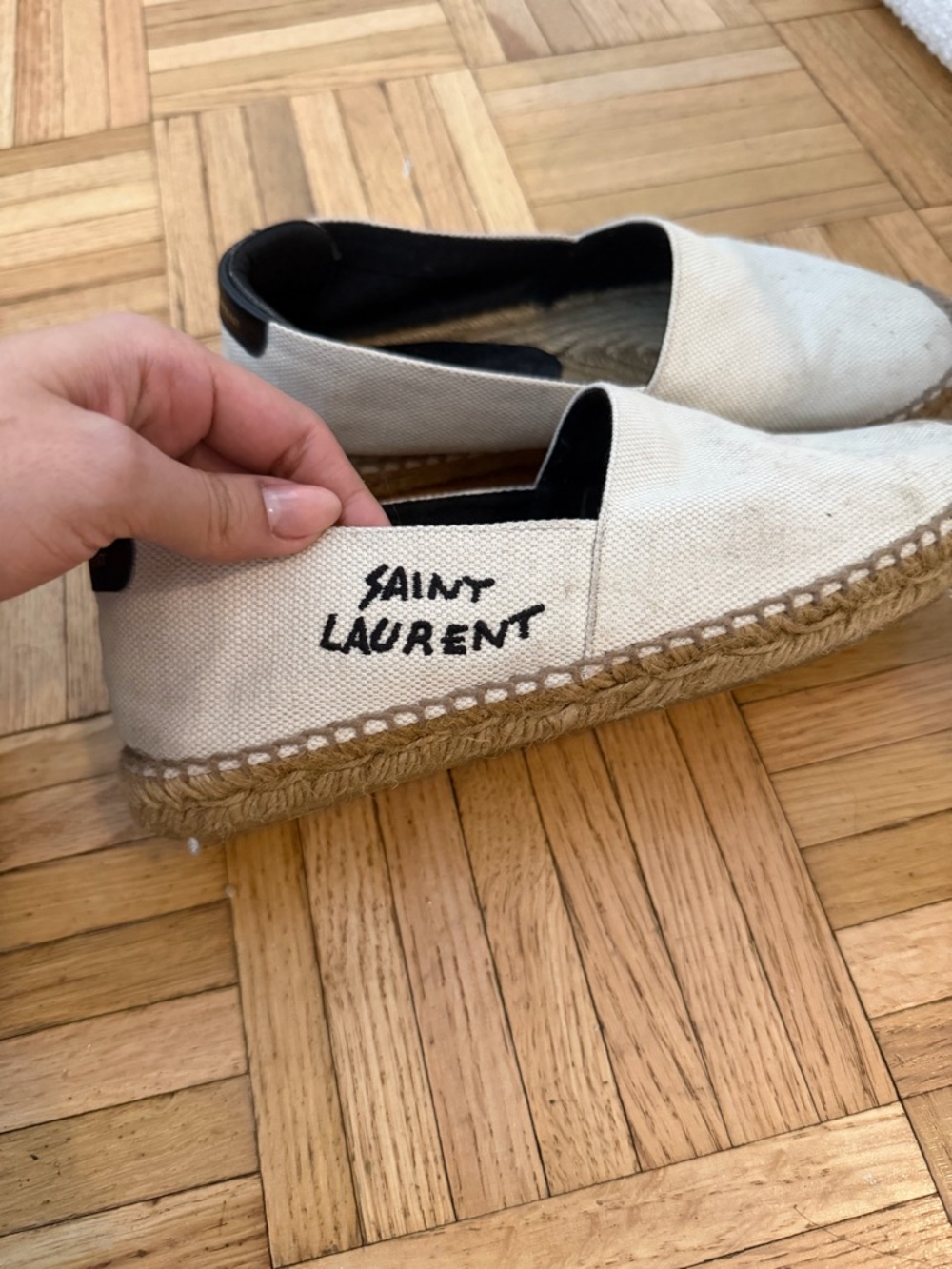 Saint Laurent Cream Canvas Espadrille Slip-Ons with Black Logo
